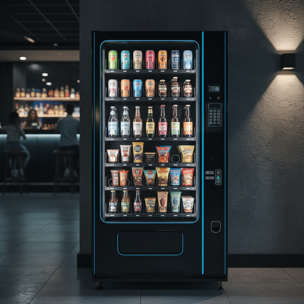 A sleek, modern vending machine with a glossy black finish and subtle blue LED accents stands prominently against a dark, textured wall, stocked with neatly arranged premium beverages and late-night snacks. The setting is a stylish nightlife venue corridor with a faint glimpse of a bar area blurred in the background. Soft, cool overhead lighting and discreet wall sconces create reflective highlights on the machine’s glass front and metal edges. Photographic realism at eye level, with a shallow depth of field that keeps the machine in crisp focus. The atmosphere feels professional yet nightlife-ready, conveying reliable, hassle-free service for venue operators during busy evening hours.