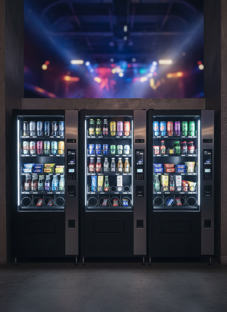 A row of three coordinated vending machines in matching matte charcoal and brushed metal finishes lines the side wall of an upscale nightclub interior. The machines display an organized assortment of drinks, energy boosters, and convenience items, each compartment illuminated by clean white LED lighting. The background features a distant, softly blurred dance floor with colorful, out-of-focus light patterns, emphasizing the nightlife environment without showing any people. Photographic realism from a slightly elevated angle, with balanced composition across the frame. The mood is efficient and businesslike, highlighting the breadth of services offered to nightlife venues through modern, unattended retail solutions.