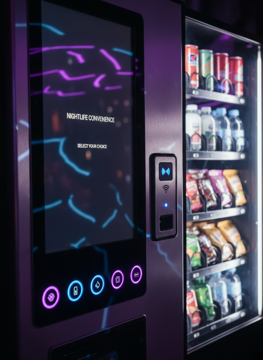 A close-up, photographic shot of a premium vending machine control panel integrated into a nightclub setting, with a smooth touchscreen interface, illuminated selection buttons, and a contactless payment area framed in brushed stainless steel. Reflections of subtle purple and blue club lighting ripple across the glass surface, while the rest of the machine, stocked with clearly visible branded beverages and snacks, fades gently into the background. Captured from a slightly angled side view with shallow depth of field, the composition emphasizes technology, reliability, and ease of use. The mood is polished and professional, ideal for communicating the advanced, cashless convenience Nightlife Convenience Group provides to bar and club operators.