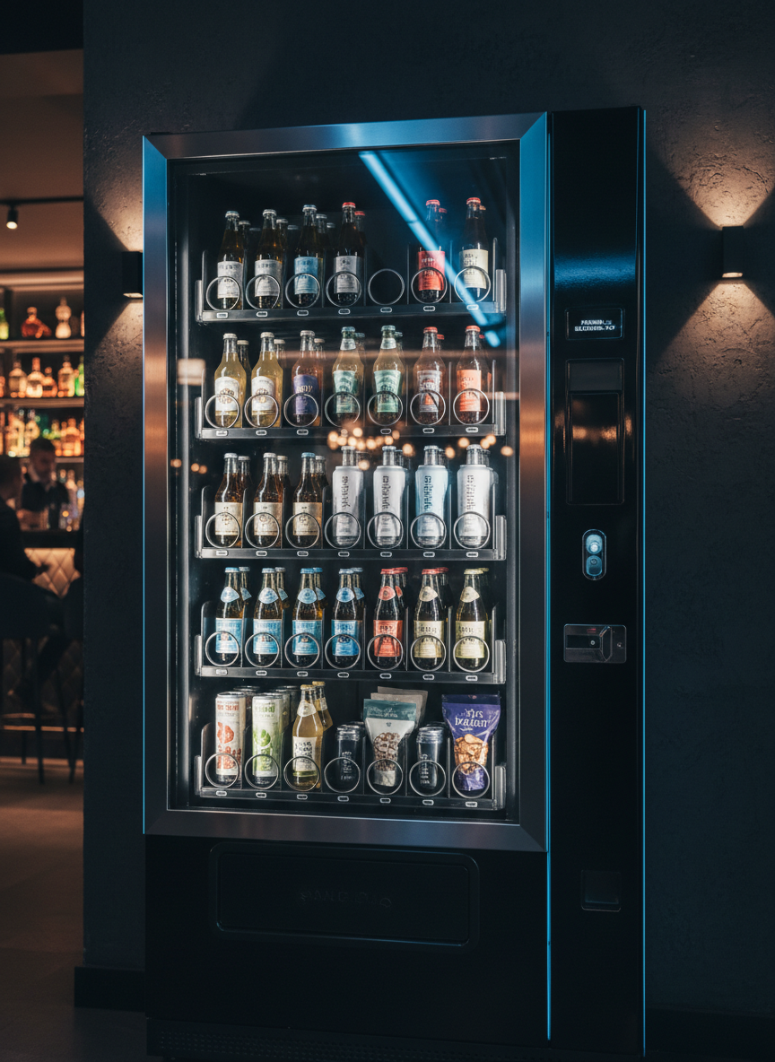 A sleek, modern vending machine with a glossy black finish and subtle blue LED accents stands prominently against a dark, textured wall, stocked with neatly arranged premium beverages and late-night snacks. The setting is a stylish nightlife venue corridor with a faint glimpse of a bar area blurred in the background. Soft, cool overhead lighting and discreet wall sconces create reflective highlights on the machine’s glass front and metal edges. Photographic realism at eye level, with a shallow depth of field that keeps the machine in crisp focus. The atmosphere feels professional yet nightlife-ready, conveying reliable, hassle-free service for venue operators during busy evening hours.