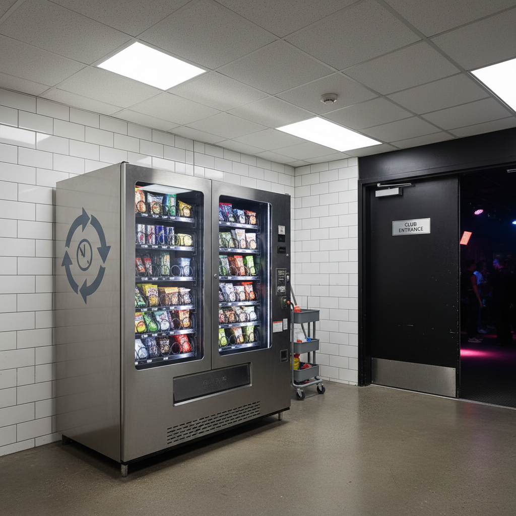 A professionally staged photographic scene showing the back-of-house corridor of a nightclub, where a robust, high-capacity vending machine is positioned in a clean, well-lit service area. The machine’s side panel features a minimal, abstract graphic that suggests 24/7 availability without using text. Overhead neutral-white fluorescent lighting ensures every surface is clearly visible, from the machine’s metal housing to the polished concrete floor. Shot at eye level with sharp focus throughout, the composition subtly includes a nearby door leading to the main club, hinting at the operational context. The atmosphere is efficient and business-focused, highlighting the reliability, maintenance access, and operational benefits for venue managers.