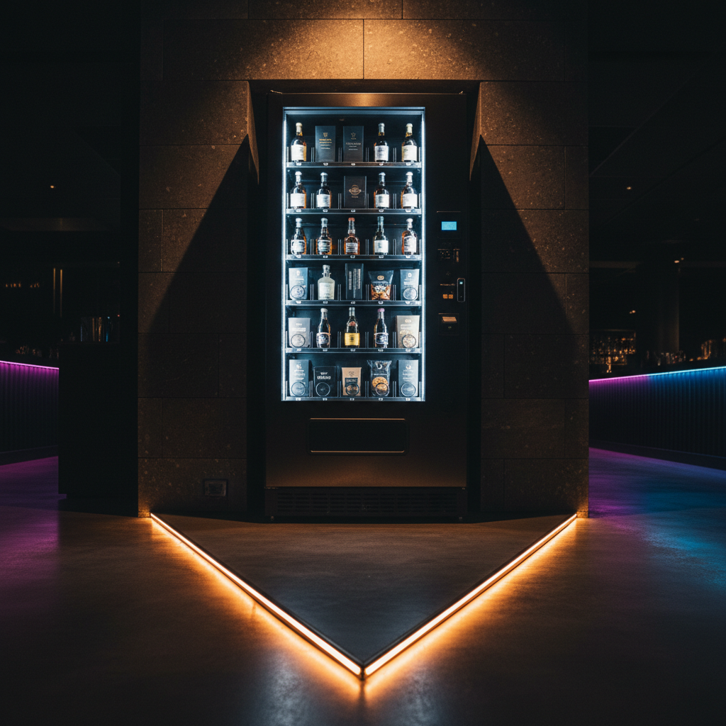 A dramatic, low-angle photographic view of a premium vending machine placed near the entrance of a stylish cocktail bar, framed by a dark stone wall and a strip of embedded floor lighting that leads the eye toward the machine. Inside, illuminated shelves display carefully curated beverages and upscale packaged items, each label facing forward in tidy rows. Deep, moody lighting from above creates a subtle halo around the machine, while faint reflections of colored bar lights shimmer across the floor. The composition uses leading lines and strong contrast to draw attention, creating a bold, professional atmosphere that communicates increased revenue opportunity for bar and nightclub operators.