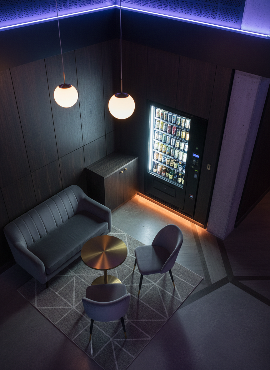 An overhead, wide photographic view of a compact lounge area inside a bar, where a single, space-efficient vending machine is neatly tucked against a side wall between a column and a low cabinet. The machine’s interior lighting showcases organized rows of drinks and grab-and-go items, while the surroundings feature dark wood finishes, subtle neon accent strips, and a clean, uncluttered floor. Warm pendant lighting from above and soft ambient club lighting combine to create a balanced, inviting glow. The mood is calm and professional, emphasizing how the vending service integrates seamlessly into existing nightlife interiors without disrupting the venue’s aesthetic or flow.